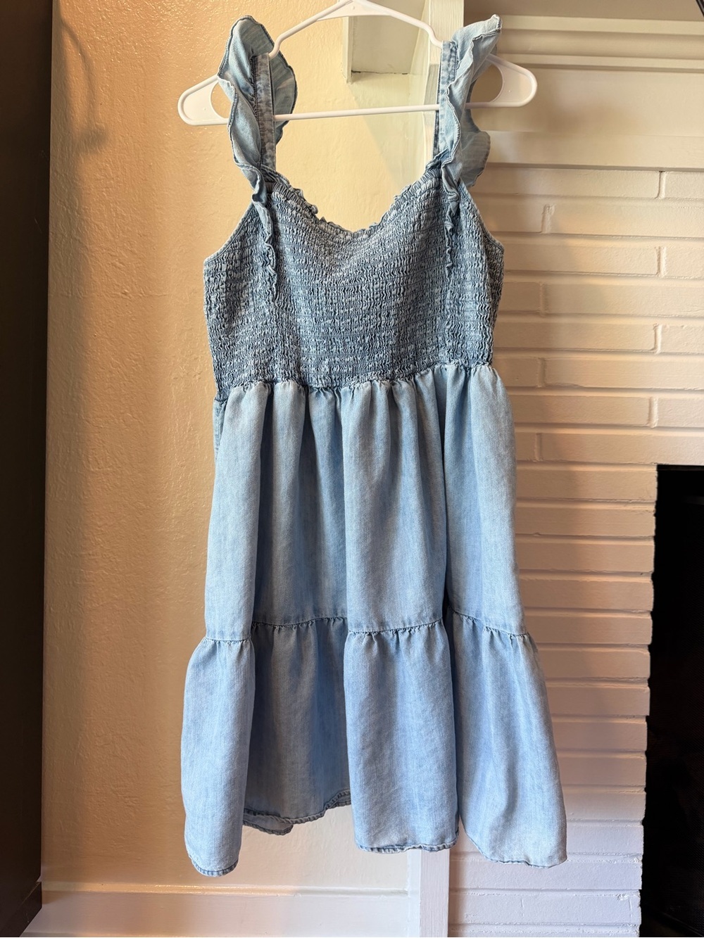 a.n.a Light Blue Denim Smocked Ruffle-Strap Tiered Dress Size Large